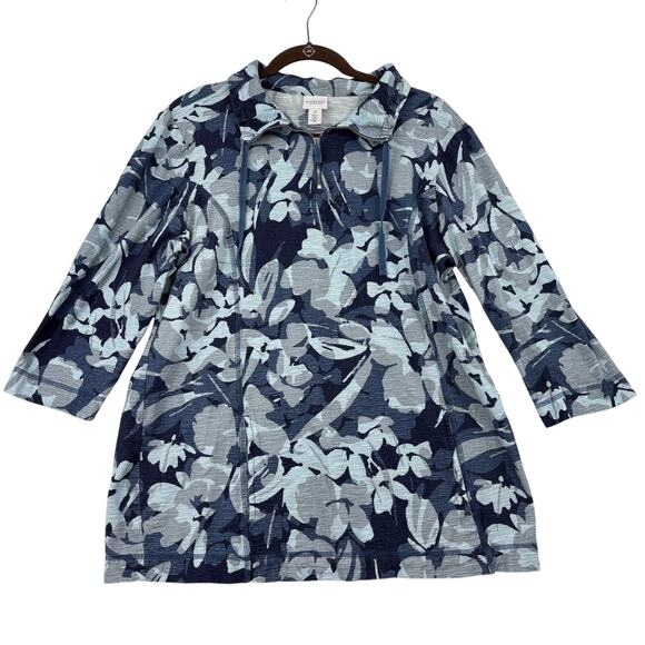 Weekends by Chico's Shirt Top Size L Blue Floral Quarter Zip Long Sleeve Pockets - Picture 1 of 7